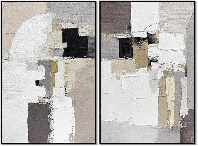 SAFERRYHOME Neutral Abstract Hand Painted Wall Art, 3D Textured Minimalist Framed Canvas Wall Decor, Large Modern Geometric Painting Artwork for Home Office Living Room, 24"x36"x2