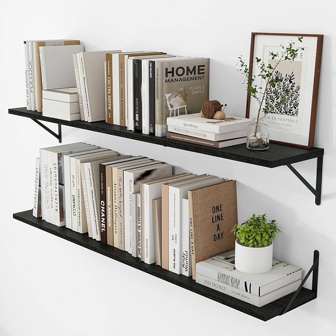 Vivelove Black Deep Floating Shelves for Wall, 48W x 8D Wood Wall Shelves Set of 2, Wide Floating Bookshelf for Living Room, Kitchen, Office, Bedroom and Decor Storage, with Metal Bracket - Black