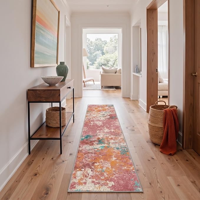 BEIMO 2X10 Runner Rug for Hallway Kitchen, Machine Washable Runners Rug for Entryway, Soft Modern Abstract Throw Rugs, Low Pile Floor Cover with Non Slip Backing, Red Green
