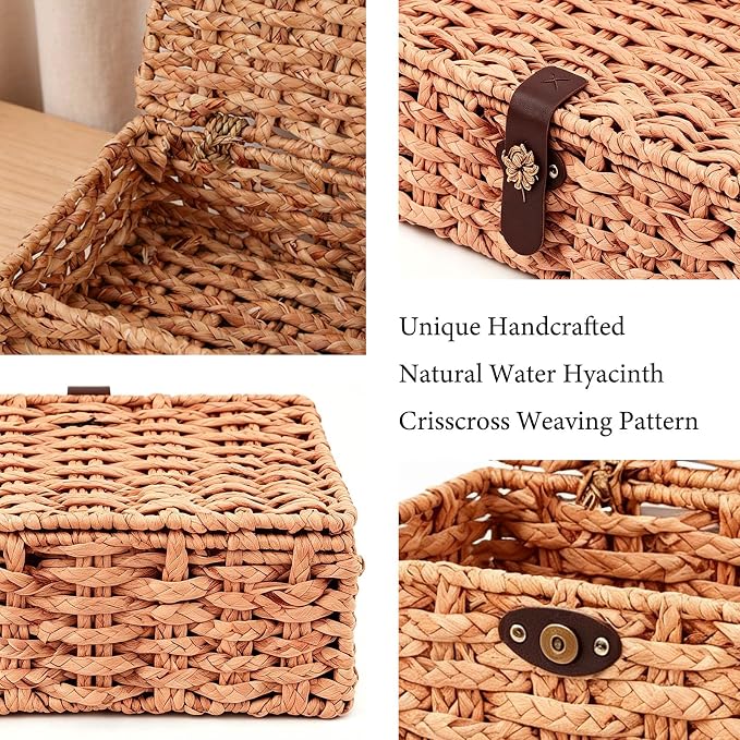 Water Hyacinth Wicker Storage Box with Lid （Large） | Hand woven decorative storage basket for shelf coffee table console home decor