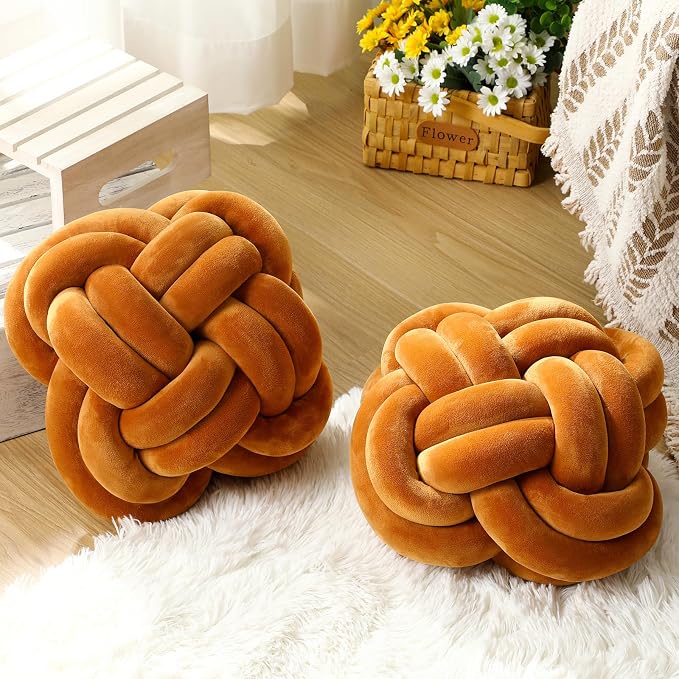 Beeveer 2 Pcs Knot Pillow Balls Set, 12 Inch Soft Decorative Throw Knot Pillow Ball, Large Square Knotted Floor Cushion for Living Room Bedroom Sofa Couch Bed Home Decoration(Caramel Brown)