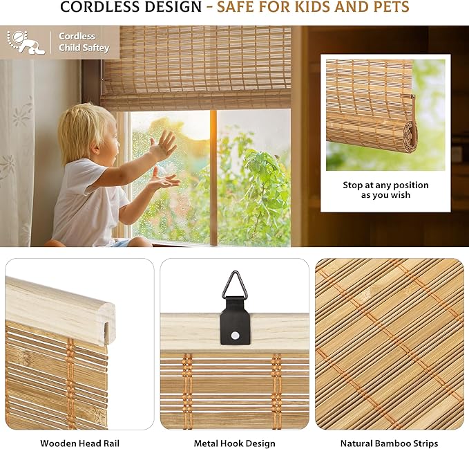 LazBlinds Cordless Bamboo Blinds, 23"x72", Squirrel | Bamboo Roll Up Shades for Windows, Light Filtering Hanging Window Blinds, Bamboo Shades for Patio Indoor/Outdoor Porch