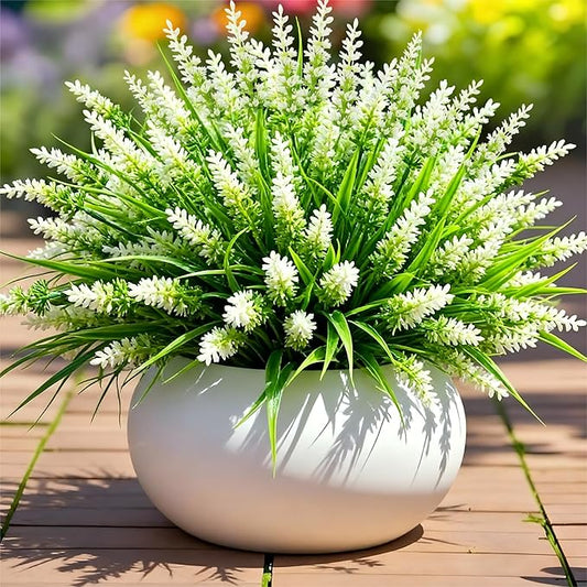 Geegoods Artificial Plants Flowers Outdoor – 24 Bundles UV Resistant Faux Lavender Flowers with Monkey Grass for Garden Porch Window Patio Hanging Planter Decor