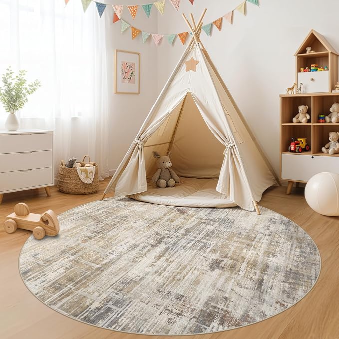 UERMEI 6ft Round Area Rug for Living Room: 6x6 Washable Neutral Abstract Modern Soft Circle Rugs Non Slip Indoor Floor Stain Resistant Carpet for Bedroom Dining Room Office Nursery Golden Brown