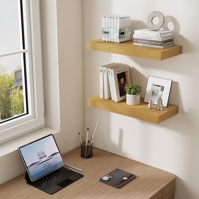Dreamland 20Inch Floating Shelves 6.7" Deep Wall Mounted Set of 2 Oak | Wall shelves for bathroom, bedroom, Living Room, kitchen, deep wall mount wood storage display for home decor 20" x 6.7"