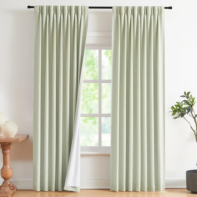 Vision Home Soft Green Pinch Pleated Full Blackout Curtains Linen Blended Room Darkening Curtain Panels 84 inch for Living Room Bedroom Thermal Insulated Pinch Pleat Drapes with Hooks 40" Wx84 Lx2