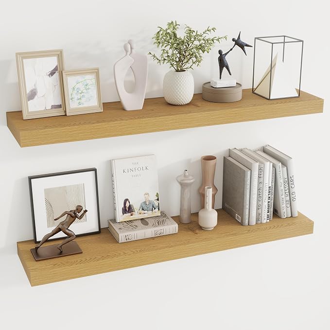 Dreamland 40Inch Floating Shelves 9.3" Deep Wall Mounted Set of 2 Oak | Wall shelves for bathroom, bedroom, Living Room, kitchen, deep wall mount wood storage display for home decor 40" x 9.3"