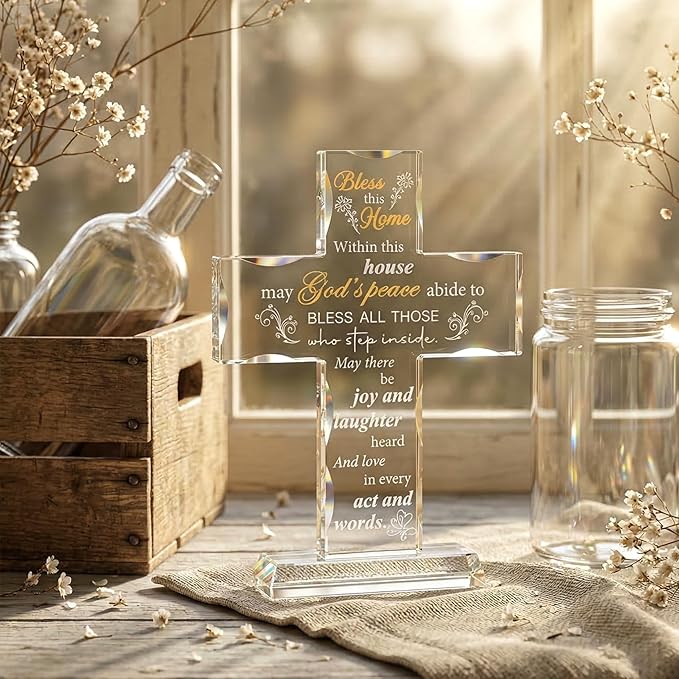 Ornalrist Housewarming Gifts New Home Glass Stand Cross Religious Keepsake, House Warming Gift for Couples, Women, Men - Christian Families Decor