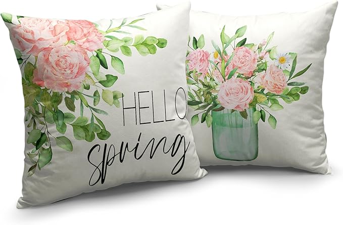Hello Spring Pillow Covers 18x18 Set of 2 Pink Rose Floral Throw Pillow Covers Summer Flower Shabby Chic Pillow Case for Sofa Bedroom Patio Garden, Cotton Linen