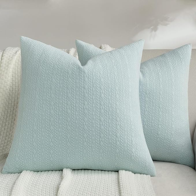 FUTEI Light Blue Chenille Throw Pillow Covers 22x22 Inch Set of 2,Soft Striped & Diamond Textured Cushion Cases,Modern Home Decor for Couch Living Room