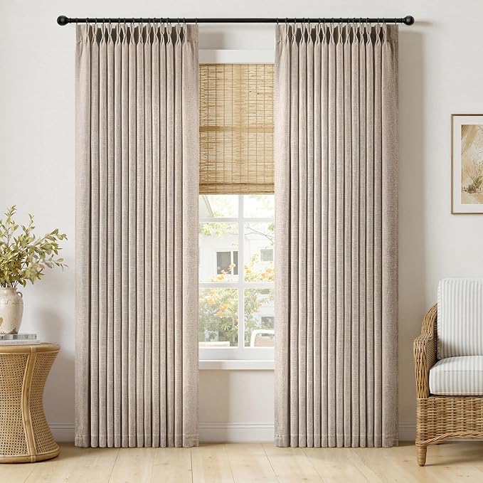 MIULEE Pinch Pleated Linen Curtains 96 Inches Long 2 Panels for Living Room Bedroom, Linen Texture Memory Trained Drapes Pinch Pleat Back Tab Rustic Farmhouse Window Curtains with Hooks&Rings, Taupe