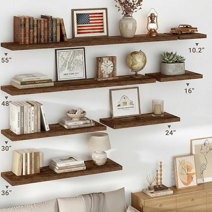 Vivelove 10 Inch Deep Floating Shelves 48 inch Long, 47.2 x 10 Wide Wall Shelves with Invisible Brackets, for Bedroom Bathroom Living Room Kitchen Office, Farmhouse Home Decor, Set of 2, Rustic Brown