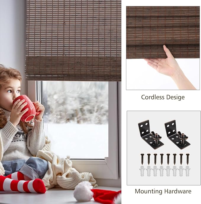 Sunbox Cordless Bamboo Roman Shade Blind, Woven Wood Roman Shades, Light Filtering Natural Bamboo Shades for Windows, French Doors, 27" W x 64" H, Sarasota-Cocoa