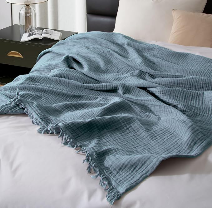 KyraHome 100% Organic Cotton Blanket, 50"x60" Muslin Blankets for Adults, Pre-Wahed Plant Dyed, Breathable Lightweight Gauze Summer Throw Blanket for Couch, (Slate Blue)