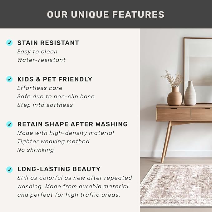 Washable Boho 6x8 Area Rug for Living Room - Vintage Beige Dining Room Rug Under the Table, Low Pile Non-Slip Rugs for Bedroom, Office - Charming Geometric Decor & Stain Resistance (6x8 Beige/Latte)