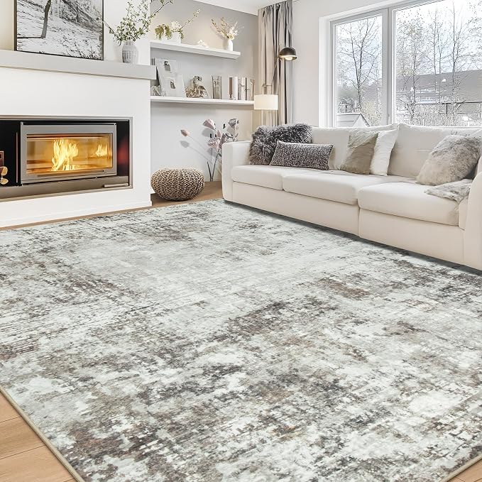 9x12 Area Rugs for Living Room Rug Washable: Modern Large Rug for Dining Room Bedroom Carpet Non Slip 9 by 12 Indoor Abstract Nursery Home Office Brown Grey