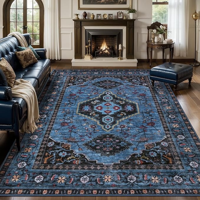 Tangsoo Blue 6x9 Area Rug Washable Rug for Living Room, Oriental Indoor Vintage Non Slip Large Area Rugs, Print Distressed Carpet, Soft Low Pile Foldable Floor Rug for Bedroom Dining Room Dorm