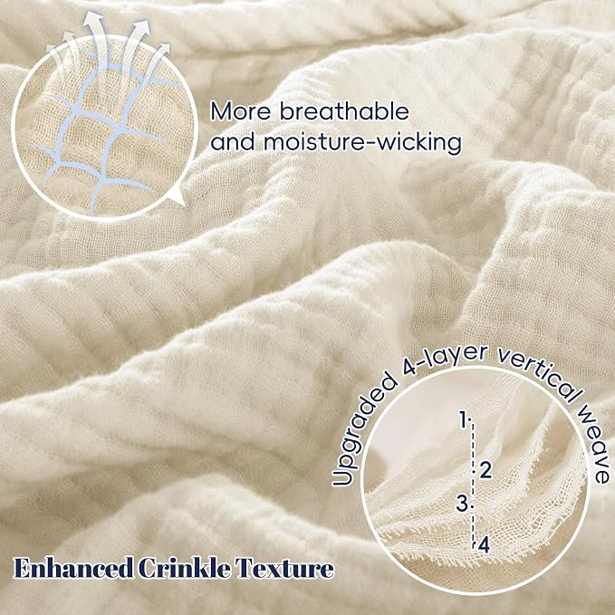 PHF 100% Cotton Muslin Blanket Queen Size 90"x90", 4-Layer Lightweight Gauze Throw, Breathable Cloud-Soft Minimalist Blanket for Bed, Couch, Camping, Birch, Ideal Gift