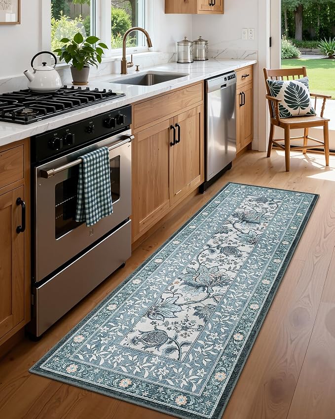 GarveeHome Provence Misty Blue 2.5 x 8 Washable Kitchen Runner Rugs Non Slip Vintage Boho Cottage Long Rug for Hallways Bedroom Entryway Bathroom Mat with Rubber Back