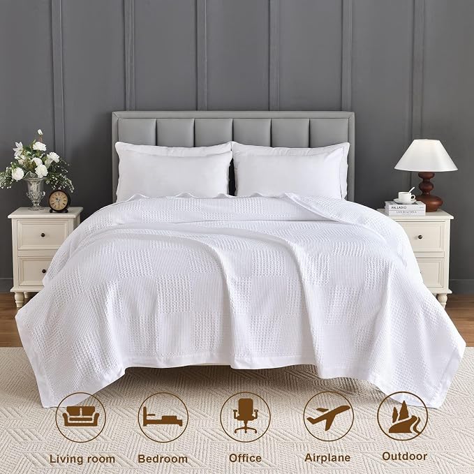 meadow park Cotton Waffle Blanket with Cotton Sateen Binding - King Size - Lightweight and Breathable - Washed Waffle Throw - White Color.