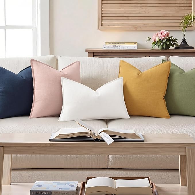 decorUhome Summer Decorative Linen Throw Pillow Covers 12x20 Inch Set of 2 Cream White Lumbar Pillow Covers with Flange Edges Soft Farmhouse Boho Accent Pillow Cases for Couch Bed Living Room