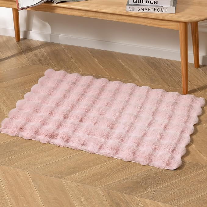 Ashler Faux Rabbit Fur Rug, Pink 2x3 FT Fluffy Soft Area Rug, Rectangle Fuzzy Carpet for Living Room, Bedroom, Machine Washable - 3D Bubble Rug