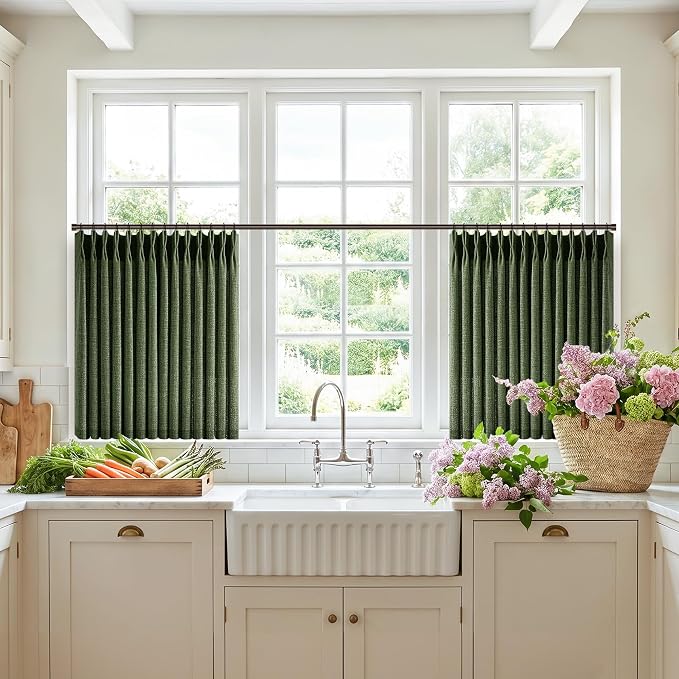 Short Pinch Pleated Curtains 24 Inch Length Olive Green Vintage Light Filtering Thick Linen Small Window Curtain for Kitchen Dining Room Aesthetic Semi Sheer Privacy Back Tab Pleat Drapes 24 Inches