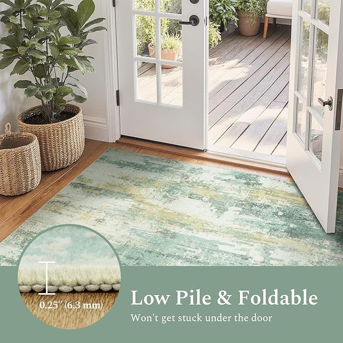 Rugflix 5x7 Area Rugs for Living Room, Washable Large Rug Stain-Resistant Low Pile, Modern Carpet for Dining Room Home Office Kid Room Nursery Bedroom, Light Green