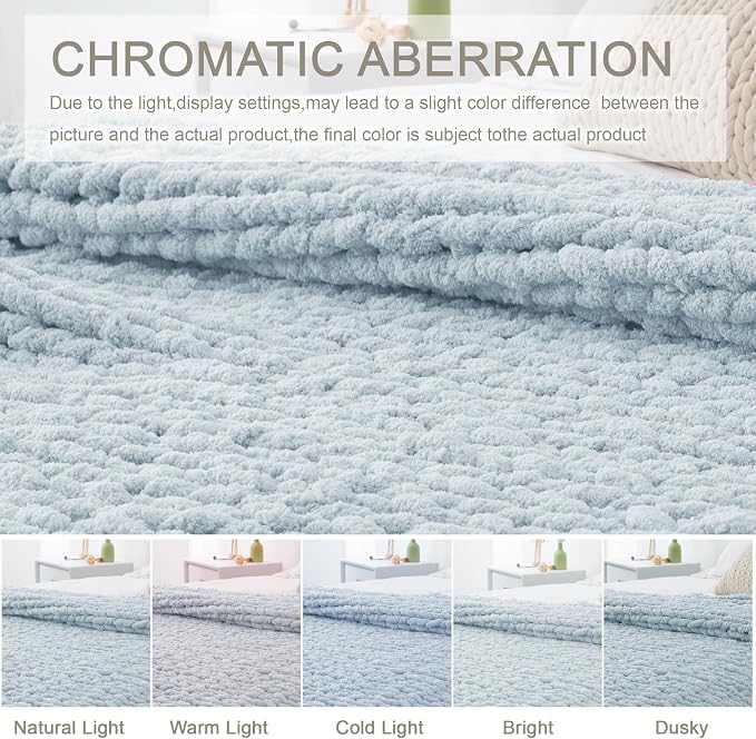 Chunky Knit Throw Blanket 50x60, 100% Handmade Chenille Yarn | 4.4lbs Soft Thick Cable Knitted Blankets, Large Rope Knot Crochet Throws for Couch Sofa Bed Machine Washable, Light Blue