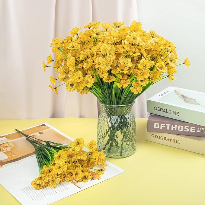 Ouddy Decor 12 Bundles Artificial Flowers for Decorations Fake Silk Plants for Outdoor Indoor UV Resistant Faux Plastic Greenery Stems for Window Garden Porch Home Spring Summer Decoration, Yellow