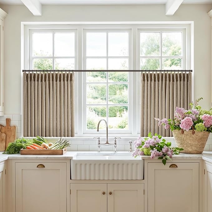 Short Pinch Pleated Dark Flax Curtains 24 Inches 2 Panels Country Light Filtering Aesthetic Small Window Curtain for Kitchen Dining Room Semi Sheer Privacy Flax Linen Pleat Drapes 2 Panels 40x24