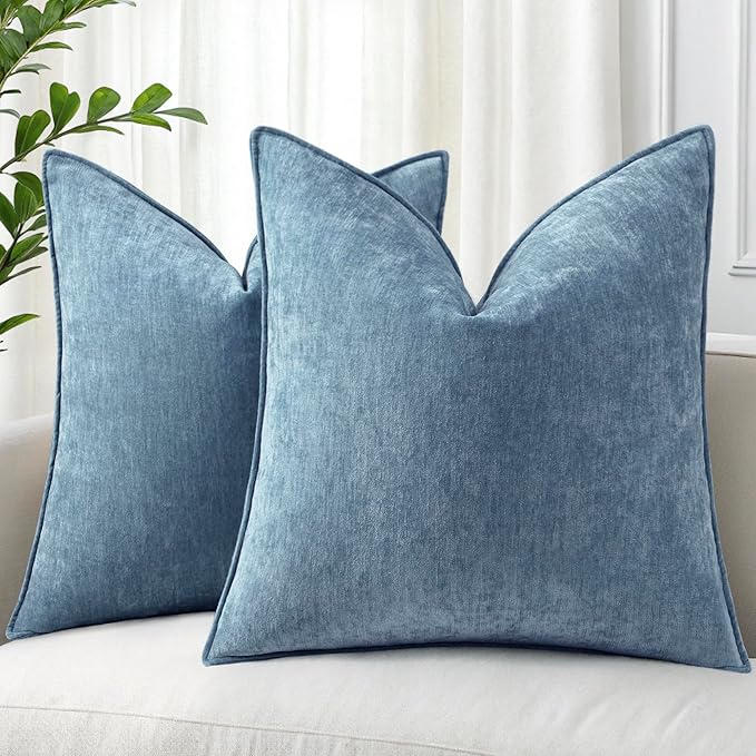 decorUhome Summer Couch Euro Sham Throw Pillow Covers 22x22 Set of 2, Decorative Soft Velvet Modern Cozy Chenille Pillow Cases with Elegant Design for Sofa Bed Living Room Home Decor, Blue Grey