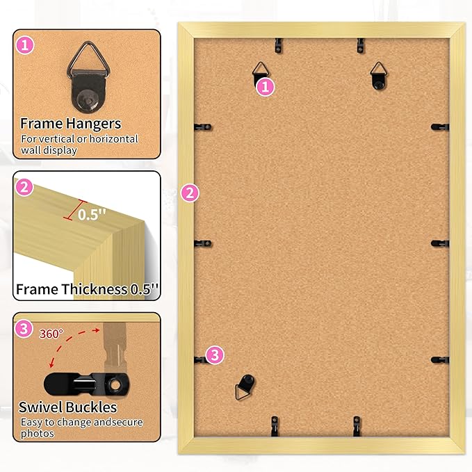 11x17 Picture Frame, Vertical or Horizontal Wall Hanging Frame for Photos, Posters & Art Prints, Display Pictures 9x15 with Mat or 11 x 17 Without, Gold Frame with Clear Plexiglass, 2 Pack