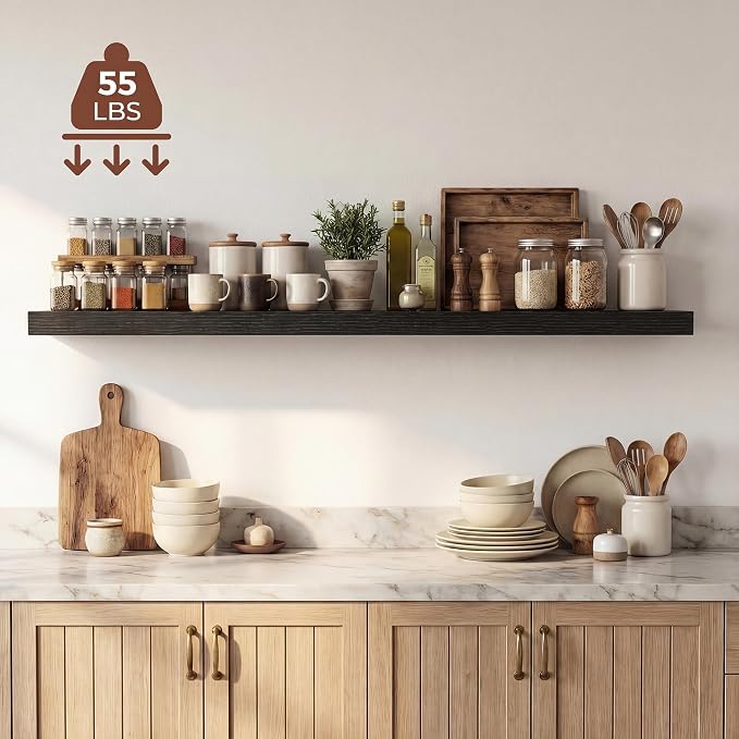 Dreamland 48 Inches Floating Shelves for Wall, 9.3" Deep Long Floating Shelves Set of 1, Large Display & Storage Shelf, Wall Shelf for Bathroom Bedroom Living Room Kitchen Office, Black