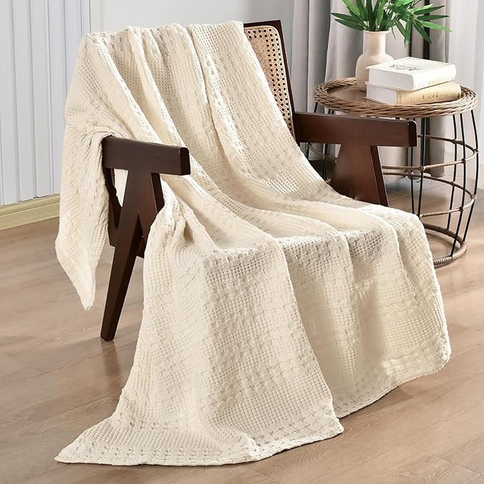 PHF 100% Cotton Waffle Throw Blanket for Couch, Lightweight Breathable and Soft for Summer, Luxury Aesthetic Waffle Weave Blanket for Home Decor & Office, Gifts for Women, 50"x60", Natural