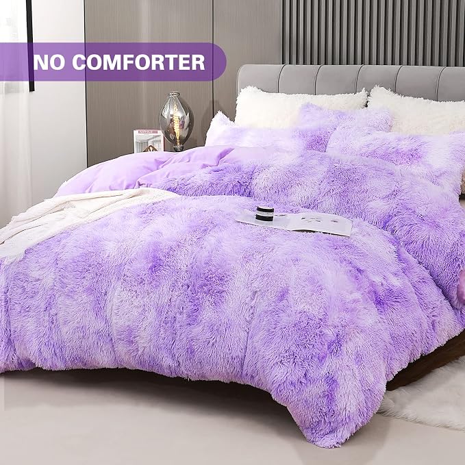 Fluffy Plush Purple Duvet Cover Set King Size, Luxury Ultra Soft Velvet Fuzzy Comforter Cover Bed Sets 4Pcs(1 Faux Fur Duvet Cover + 2 Pillow Cases + 1 Pillow Cover) Zipper Closure (King, Purple)