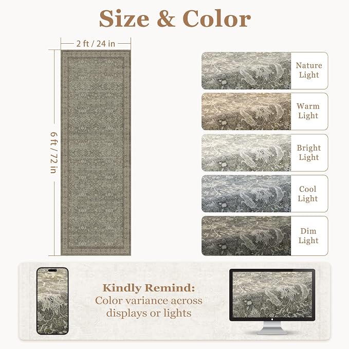 Neutral 2x6 Washable Runner Rug Non Slip, Transitional Modern Faromhouse Carpet Runners for Hallway Kitchen 6ft, Low Pile Ultra Thin Print Entryway Runner for Bathroom Bedroom, Gray/Beige/Olive