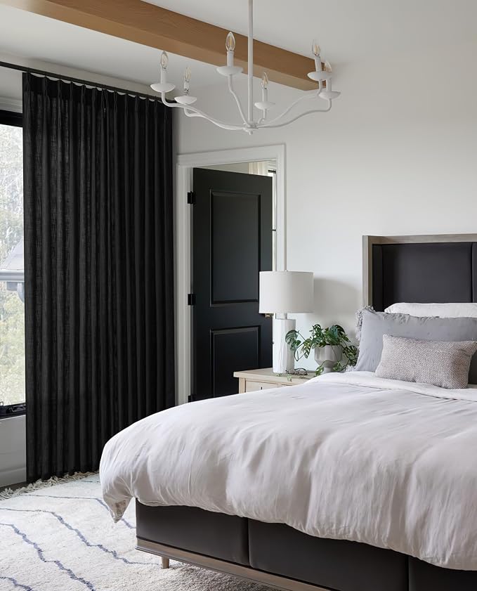 Pinch Pleated Linen 102 Inch Curtains 70 Inch Width for Living Room Divider Light Filtering Semi Sheer Black Extra Wide Patio Curtains for Sliding Door Floor Ceiling Picture Window 70x102 1 Panel