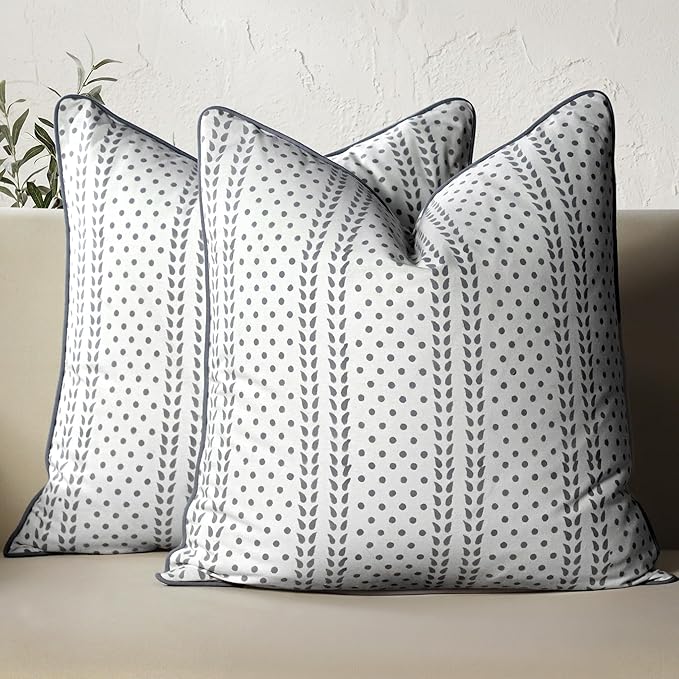 CPC 100% Cotton Throw Pillow Covers 18x18 Inch, Set of 2 Pink Block Print Pattern Couch Pillow, Cute Boho Decorative Pillows for Living Room, Bedroom with Hidden Zipper- Misty Grey Tralis