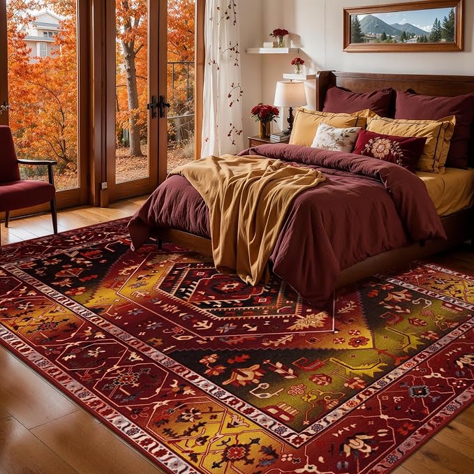 SERISSA 6x9 Area Rugs for Living Room, Large Washable Non-Slip Boho Rug, Ultra Soft Vintage Rustic Red Gold Oriental Tribal Print Distressed Carpet for Dining Room Bedroom Dorm Office Home Decor