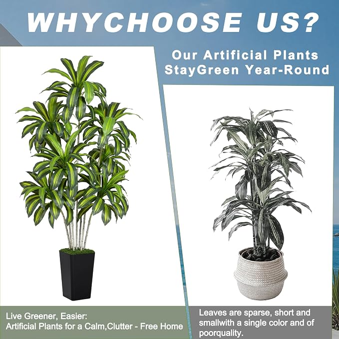 Dracaena Plant Artificial Tree 7Ft Tall Fake Tropical Floor Plants Potted (Real Touch) Artificial Silk Tree Leaf Faux Trees Black Tall Planter for Home Office Living Room Indoor Outdoor Decor