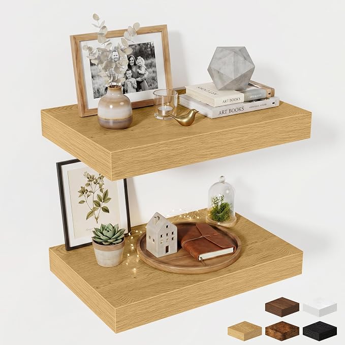 Fun Memories Wood Floating Shelves 20 Inch, 12 Inch Deep Shelves Wall Mount, Wall Shelves with Invisible Bracket, 20" Floating Shelves for Living Room Bathroom Bedroom, Oak, Set of 2