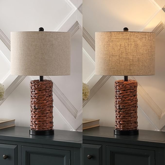 JONATHAN Y 25" Dark Brown Coastal Water Hyacinth Table Lamp Set of 2, Bedside Lamp with Light Grey Linen Shade, Boho Farmhouse Decor for Living Room Nightstand, LED Bulbs (JYL6502B-SET2)