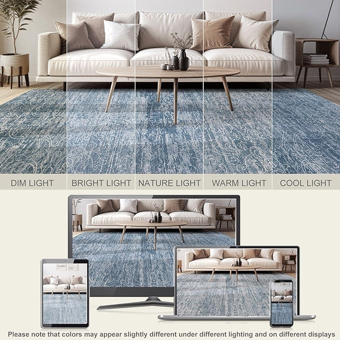 DMOYEST Area Rug Living Room Rugs - 8x10 Washable Large Soft Indoor Neutral Modern Abstract Low Pile Rug Carpet for Bedroom Dining Room Farmhouse Home Office - Dark Blue
