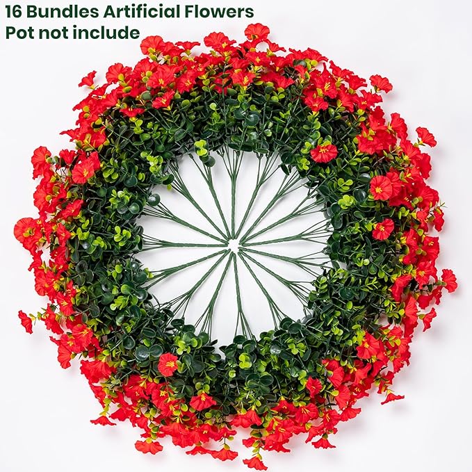 Nigirior Artificial Faux Flowers for Outdoor 16 Bundles Boxwood Fake Morning Glory for Planter,UV Resistant Fake Flowers for Home Porch Patio Outside（Red）