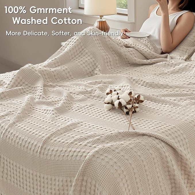 PHF 100% Cotton Waffle Blanket Oversized King 120"x120", Lightweight Breathable Extra Large 10'x10' Blankets for Bed, Giant Big Luxury Aesthetic Woven Bedding for Home Decor, Light Taupe/Oatmeal