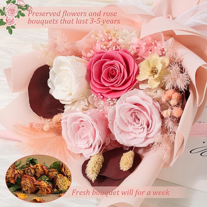 Preserved Flowers Bouquet 4 Roses with Vase,Flowers for Delivery Prime That Last 3-5 Years Real Forever Flowers Rose Bouquet for Mom Mother Women Wife Friends Birthday Mother's Day（Pink）