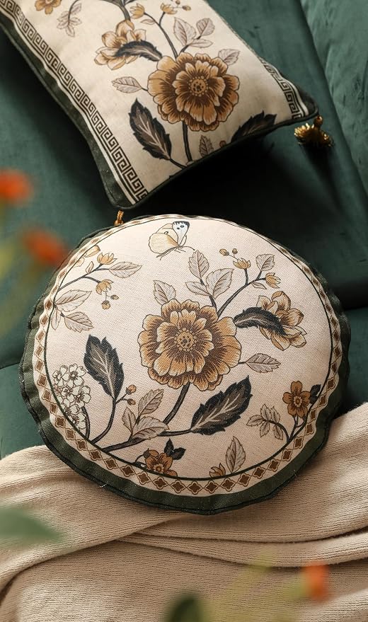 ISAENNE Vintage Elegant Linen Round Throw Pillow Cover,Diameter 16"-Murad D | Designer French Pillow Cover,Concealed Zipper Design,Sofa,Bedroom,Living Room,Lounge Chairs,All Season Home Decor