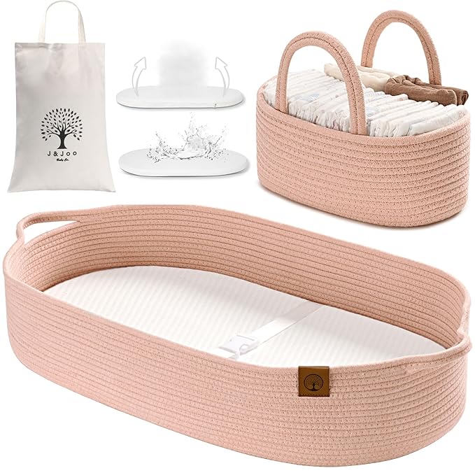 J&JOO Baby Changing Basket includes Diaper Caddy - Soft & Waterproof Dual-Cover, Portable, Changing Pad for Dresser & Changing Table, Gift for Baby Shower, Organic Cotton Rope