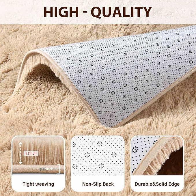 FinRèc Tan Rugs for Bedroom Living Room, 5x8 Feet Fluffy Plush Area Rug, Non-Slip High Pile Shaggy Rug for Kids Room Dorm Room Home Decor, Indoor Solid Shag Floor Carpet